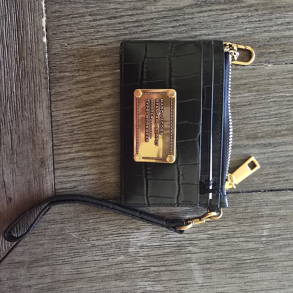 Marc Jacobs Black Croc-Embossed Wristlet with Gold Accents